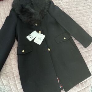 Zara Black Pea Coat with Fur Collar